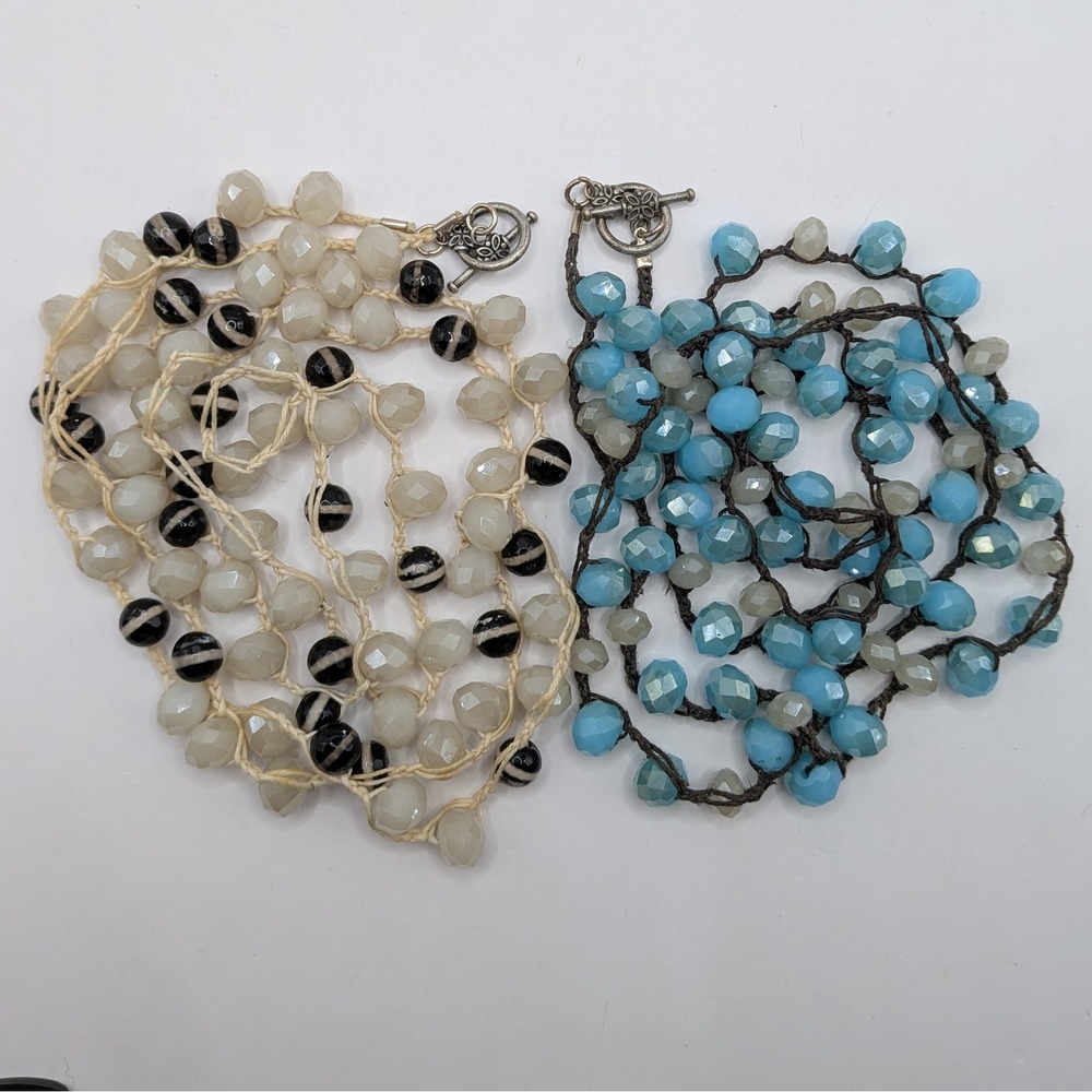 Boho Beaded Layered Necklace Blue Cream Black Toggle Clasp Hand Tied Set of‎ 2